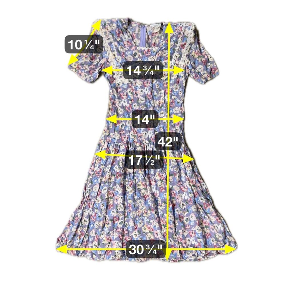 Vintage Floral Dress Lace Trim Shoulder Pads Pockets Lavender Blondie and Me 90s - Picture 10 of 10